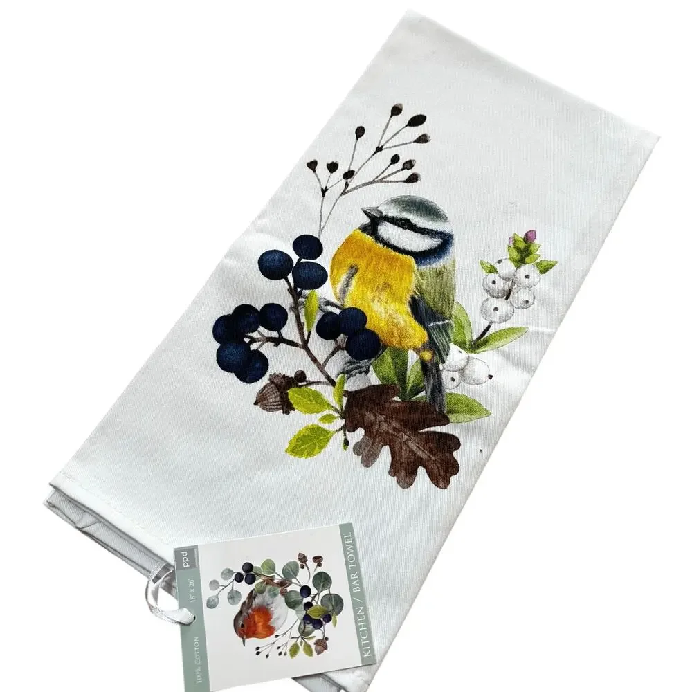 NWT Kitchen tea bar chefs towel 100% cotton colorful birds motif NEW